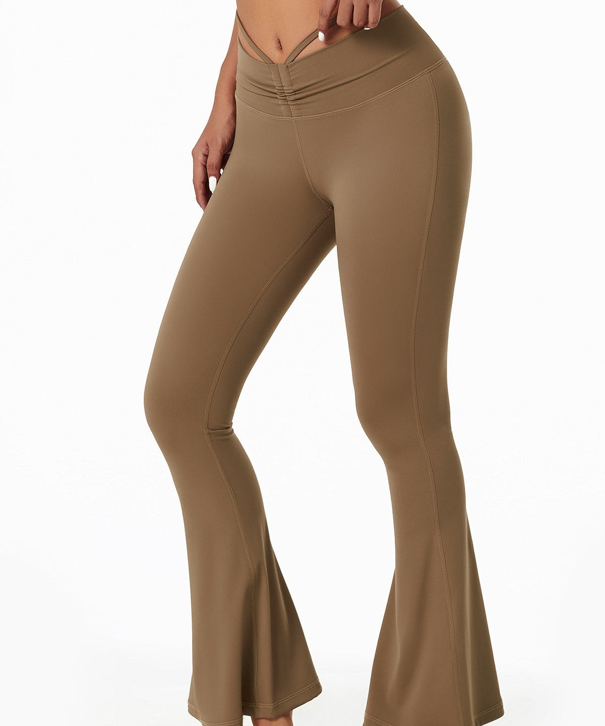 Ruched Front Waist Tie V-Cut Flared Leggings by bornfocus