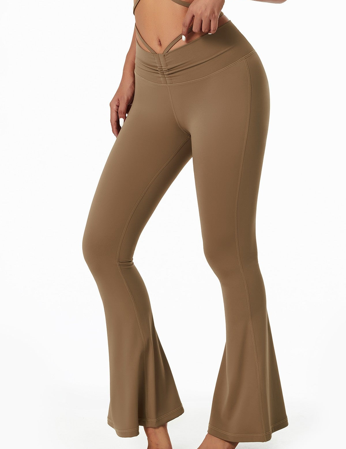 Ruched Front Waist Tie V-Cut Flared Leggings by bornfocus