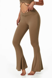 Ruched Front Waist Tie V-Cut Flared Leggings by bornfocus