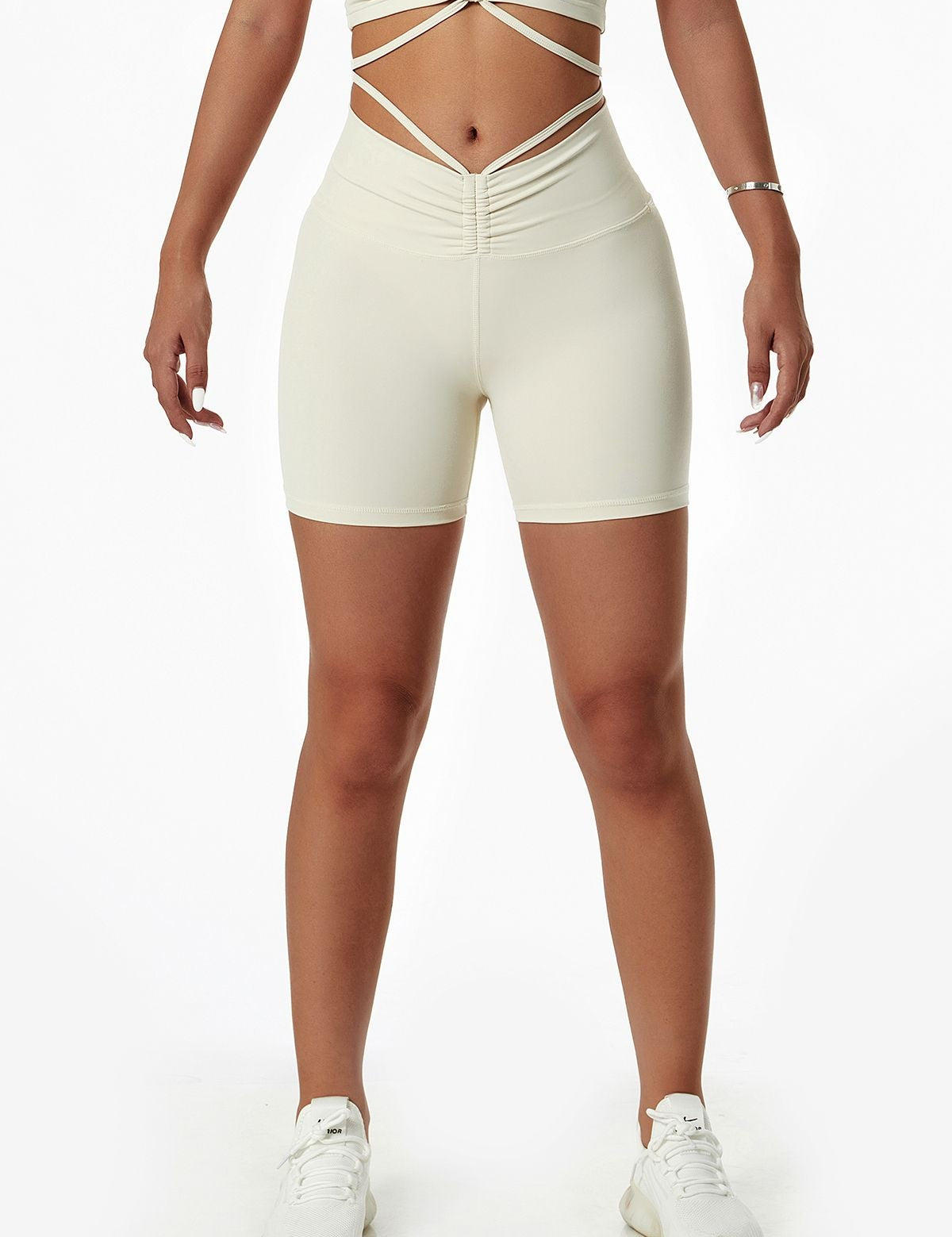 Ruched Front Waist Tie V-Cut Shorts by bornfocus