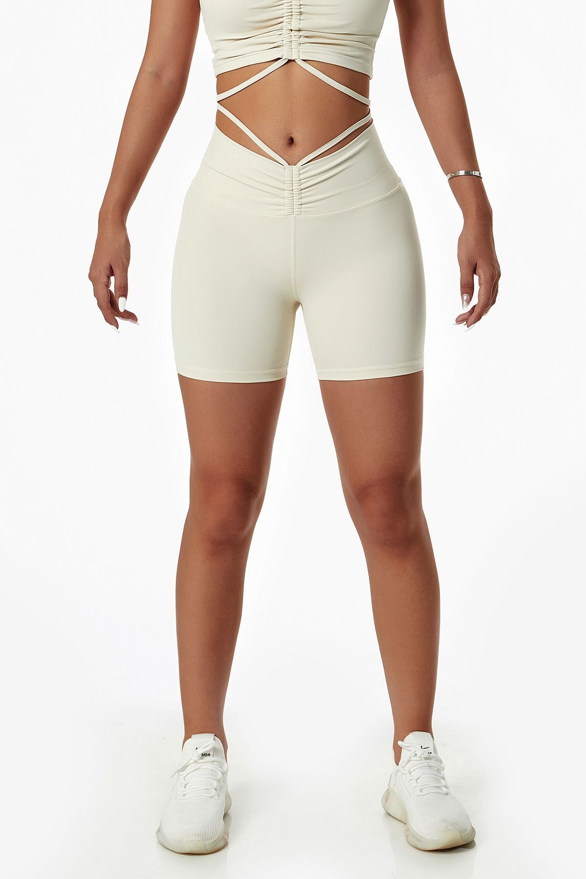 Ruched Front Waist Tie V-Cut Shorts by bornfocus