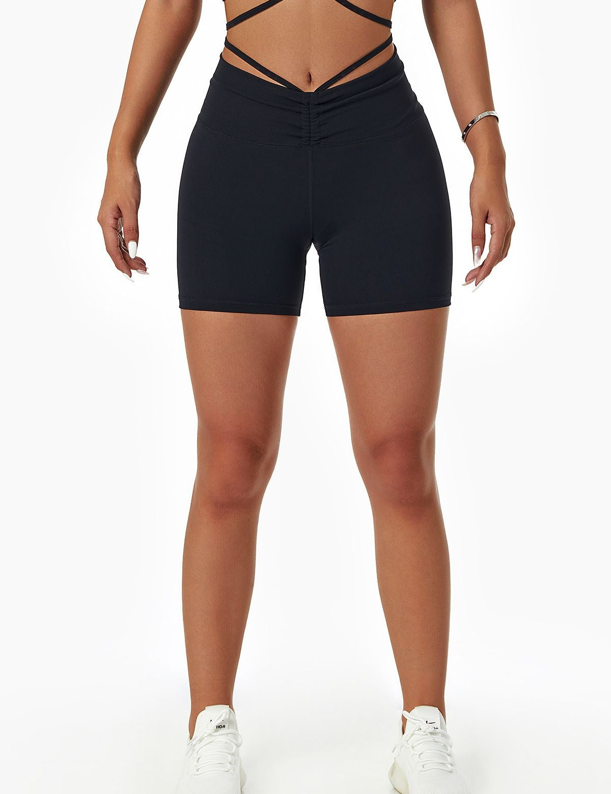 Ruched Front Waist Tie V-Cut Shorts by bornfocus