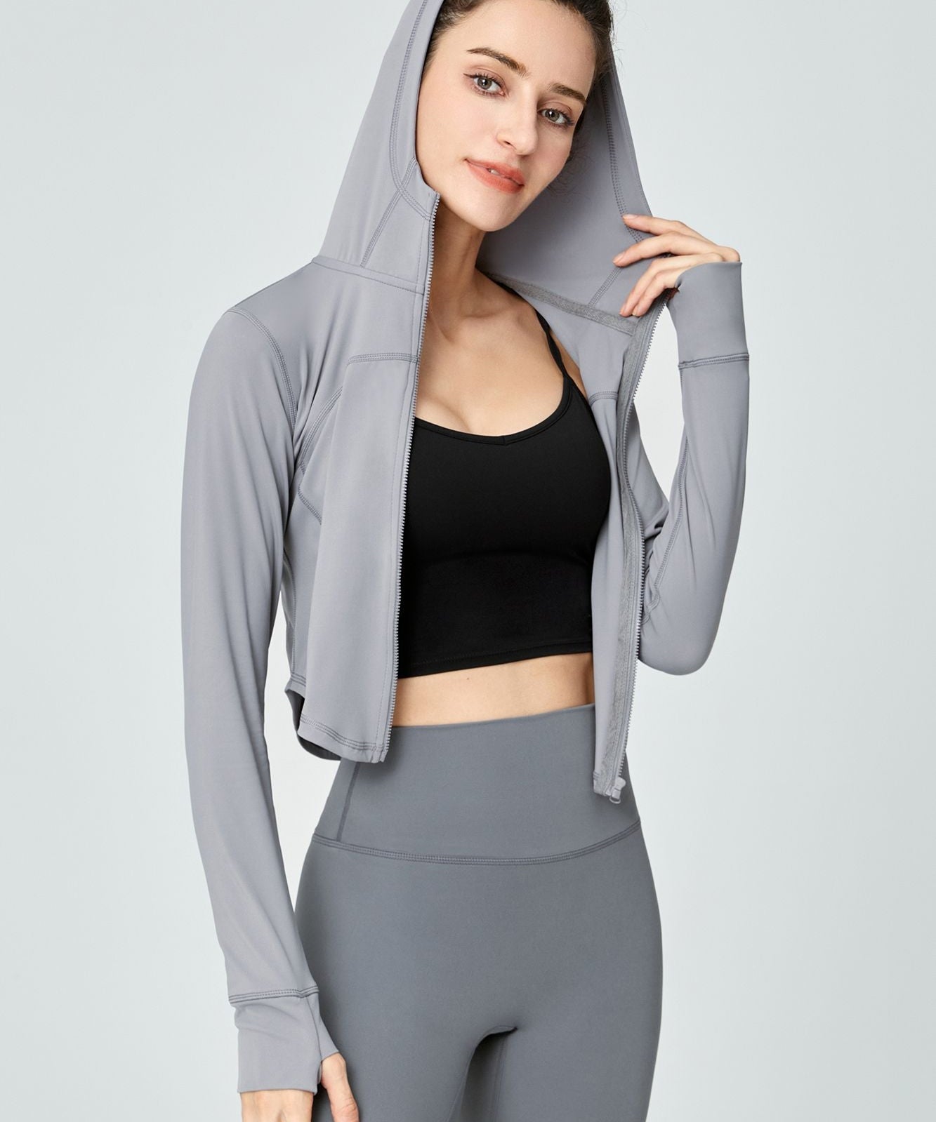 Full-Zip Crop Hoodie With Thumb Holes by bornfocus