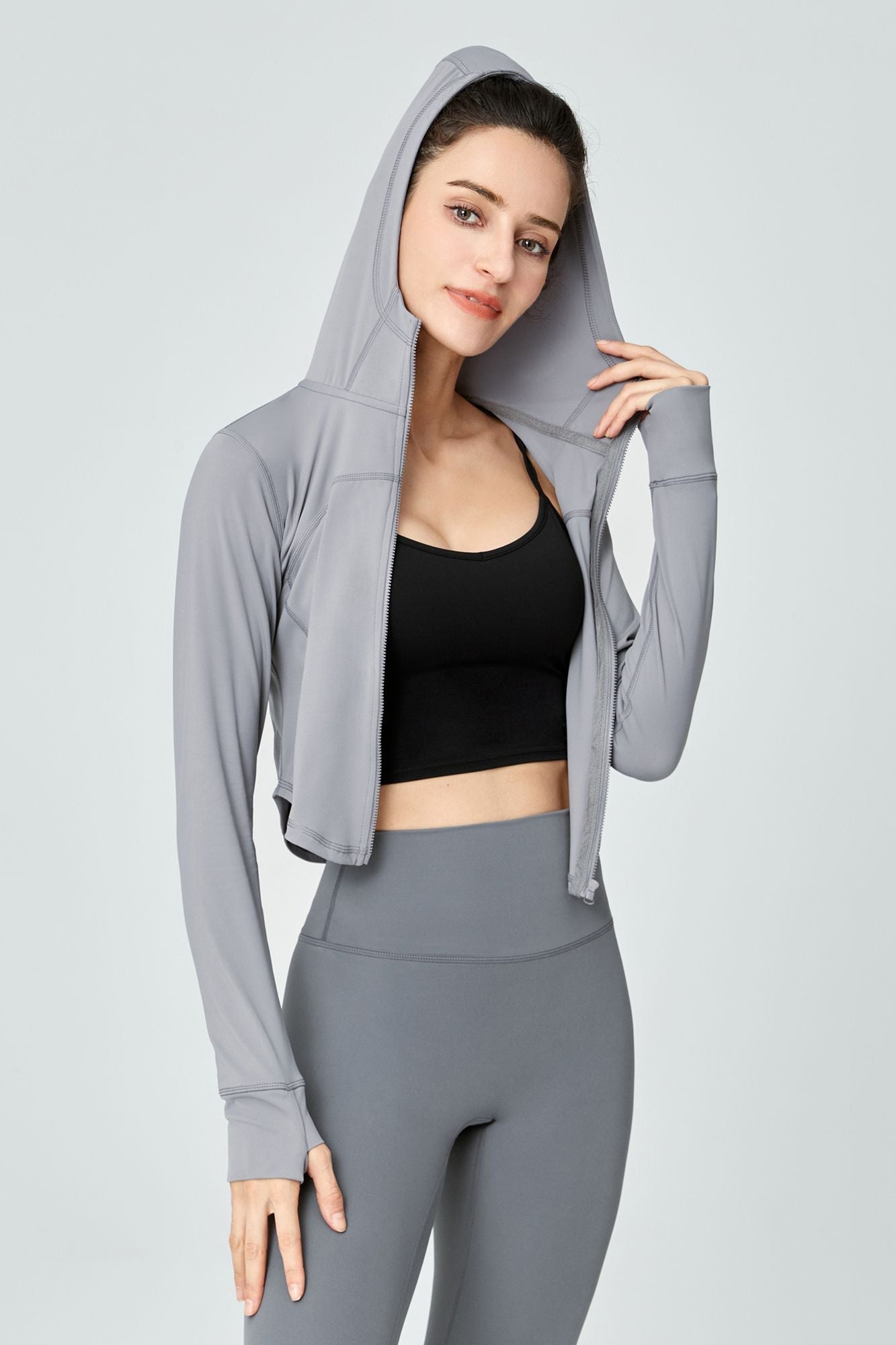 Full-Zip Crop Hoodie With Thumb Holes by bornfocus