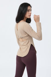 Wrap Over Cutout Back Long Sleeve Shirt by bornfocus