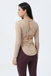 Wrap Over Cutout Back Long Sleeve Shirt by bornfocus