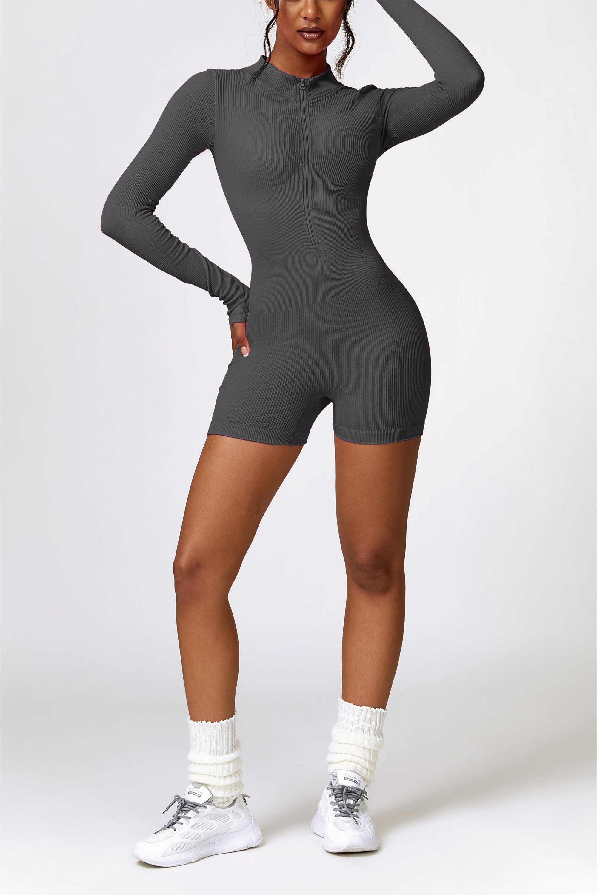 ZipFlex Ribbed Long-Sleeve Workout Romper by bornfocus