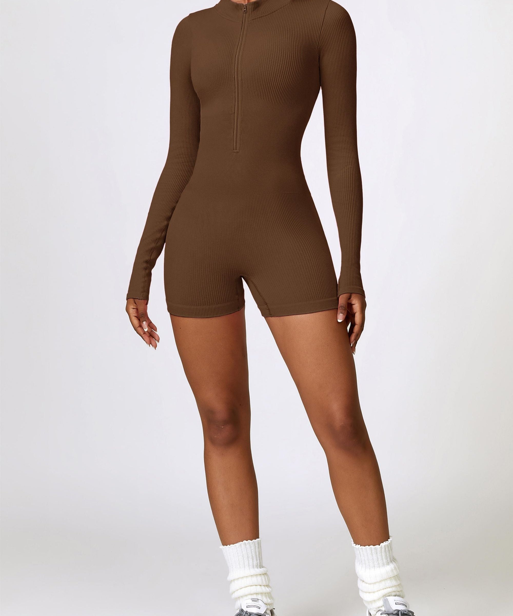 ZipFlex Ribbed Long-Sleeve Workout Romper by bornfocus