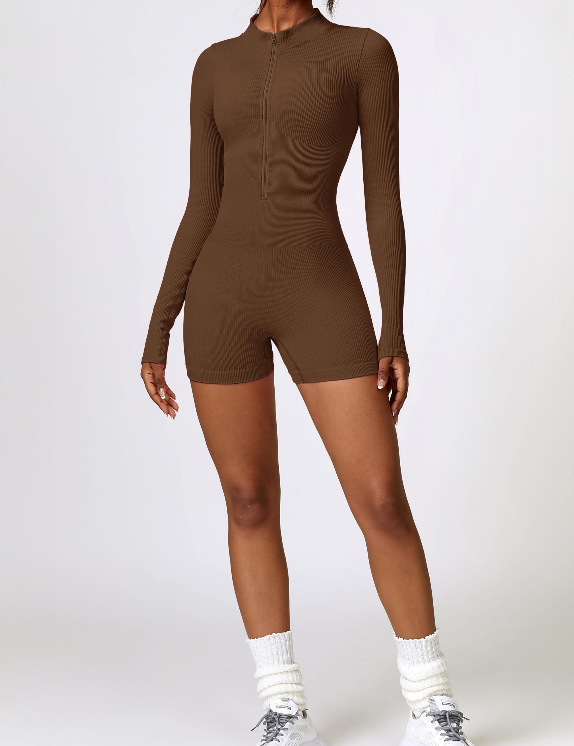 ZipFlex Ribbed Long-Sleeve Workout Romper by bornfocus