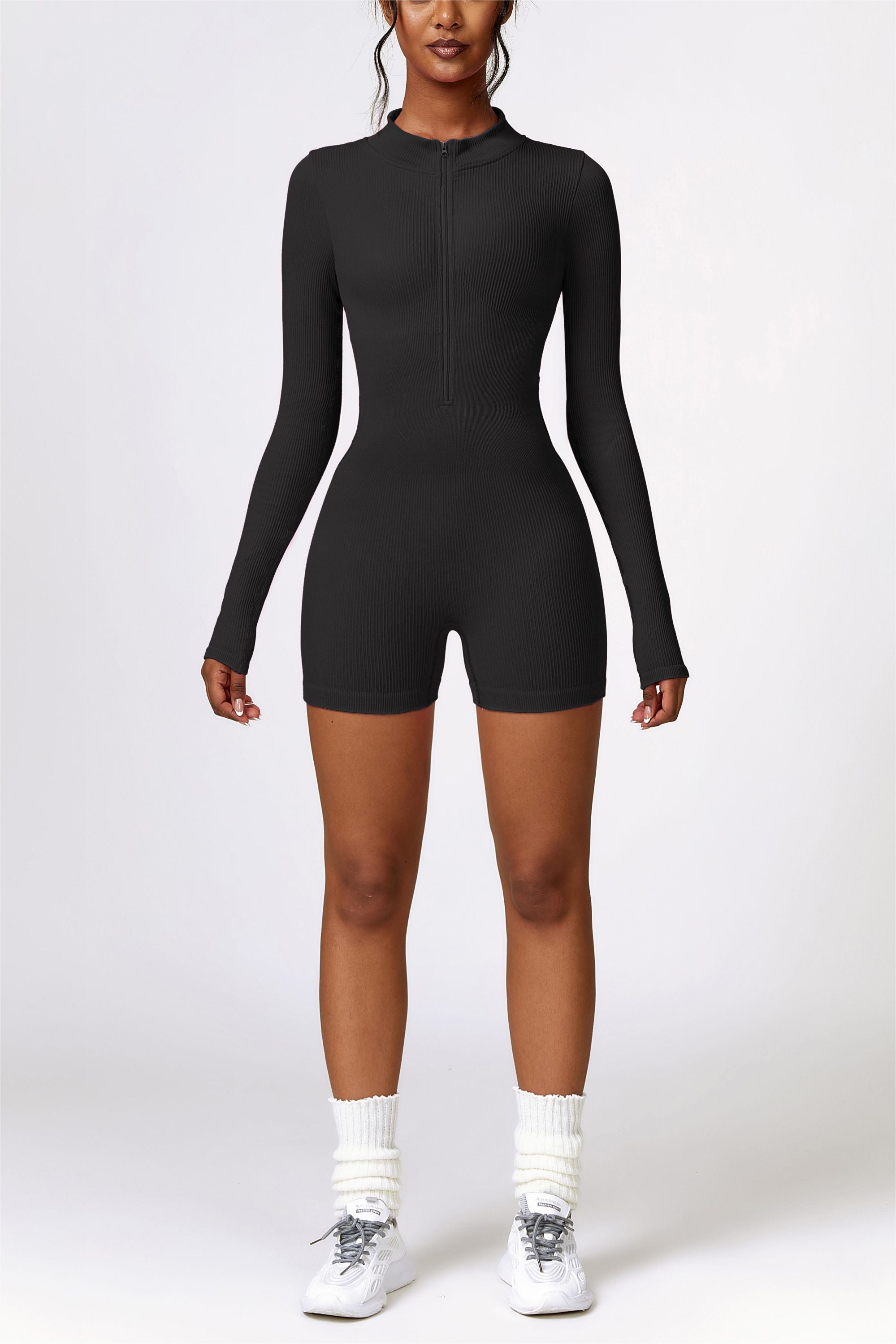 ZipFlex Ribbed Long-Sleeve Workout Romper by bornfocus