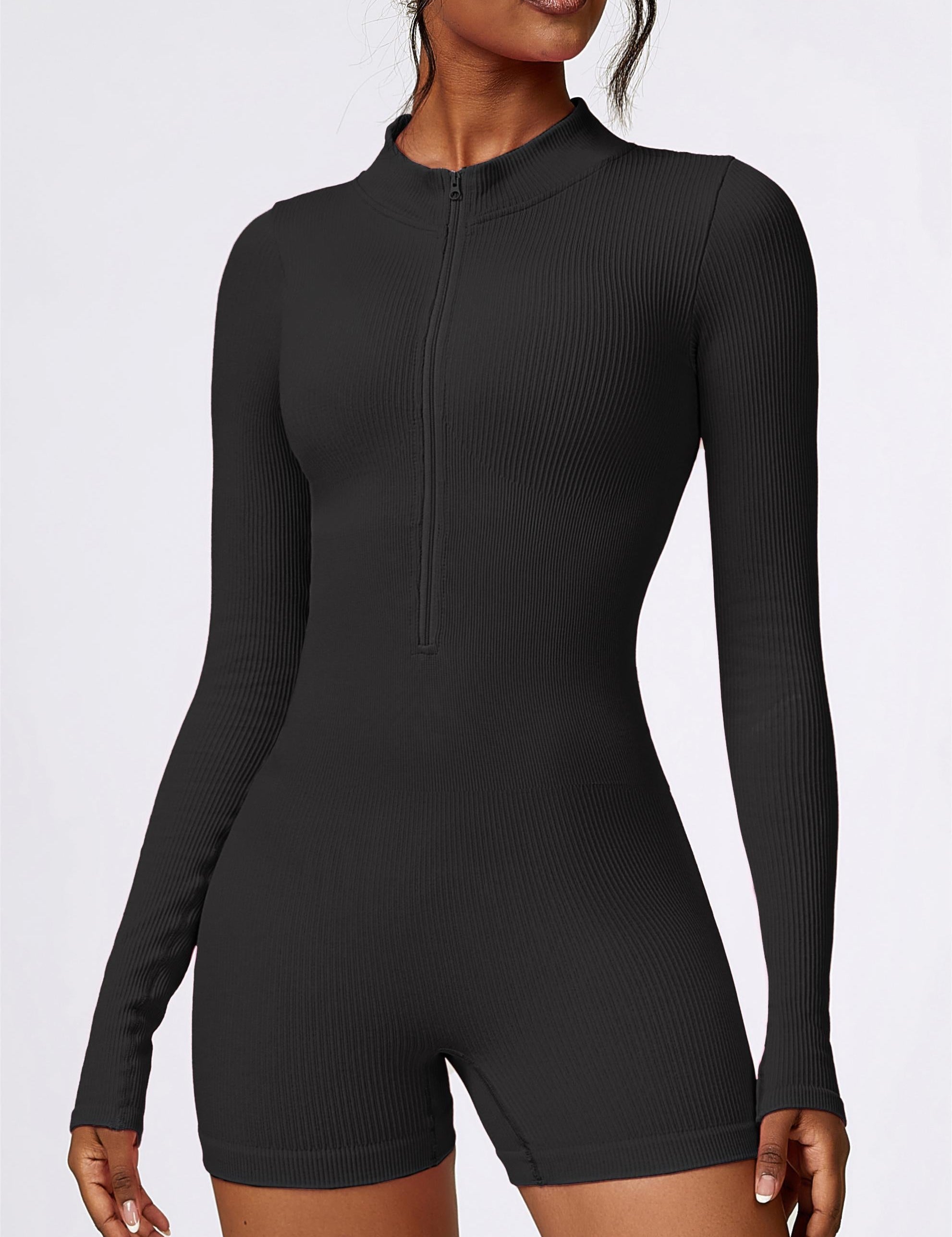 ZipFlex Ribbed Long-Sleeve Workout Romper by bornfocus